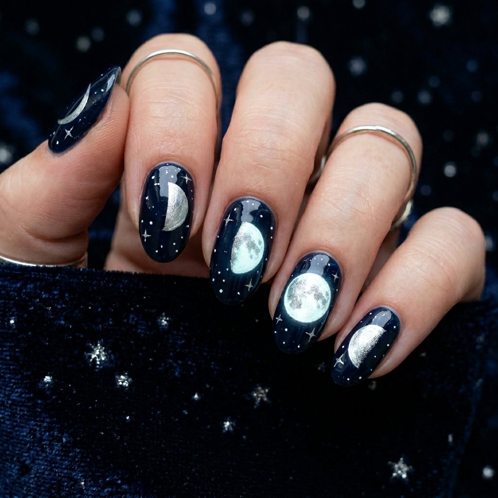 32 Galaxy Nails Ideas: Master the Aesthetic of the Cosmos 11 Moon Phase Silhouette Design