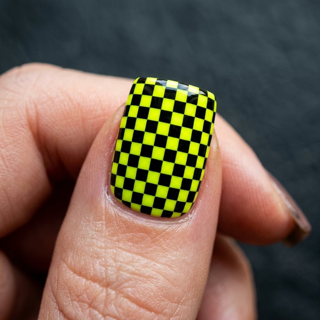 35 Fresh neon yellow nails Ideas for Your Summer Wardrobe 10 Black Checkerboard Design Idea