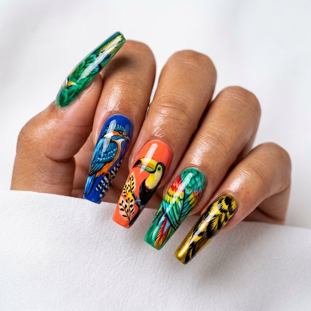 34 Stunning Trendy Summer Nails Worth Copying This Year 2026 19 Tropical Bird Nails