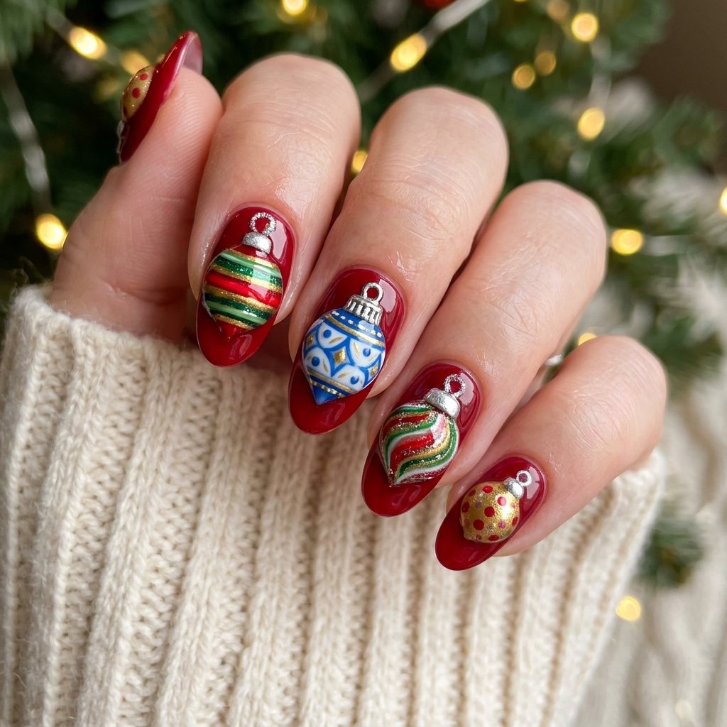 Three-Dimensional Christmas Bulb Nail Designs