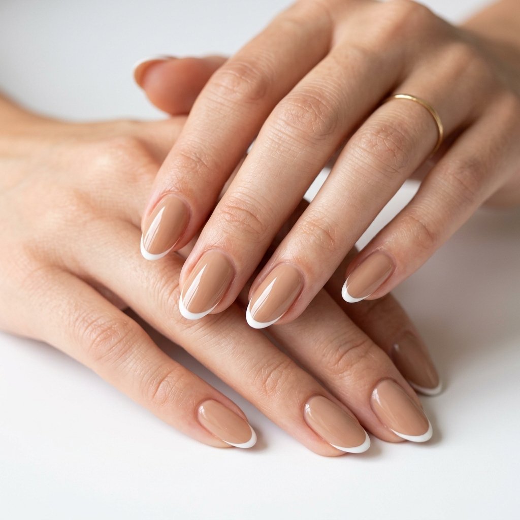 35 Trendy Brown and White Nails Ideas for a Flawless Manicure 2026 17 Light Brown Nude Nails with White French Line