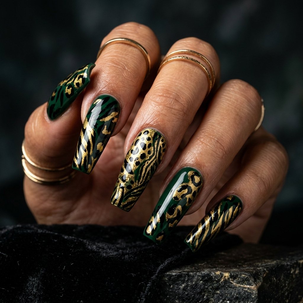 35 Best Green Summer Nails for a Bold Warm Season 2026 31 Jungle Cat Green Nails