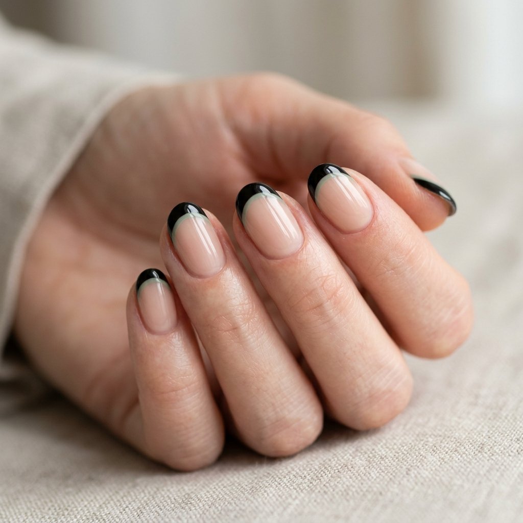 35 Black and Green Nails Ideas: Edgy & Elegant Designs 2026 5 Minimalist Black French Tips with Sage Green Accents Idea