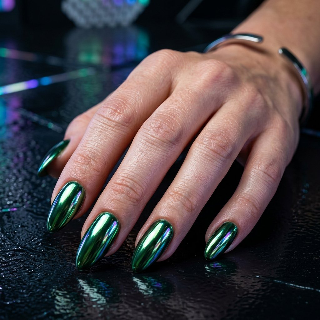 35 Stunning Forest Green Nails Ideas for a Chic Look 2026 10 Chrome Glow Effect