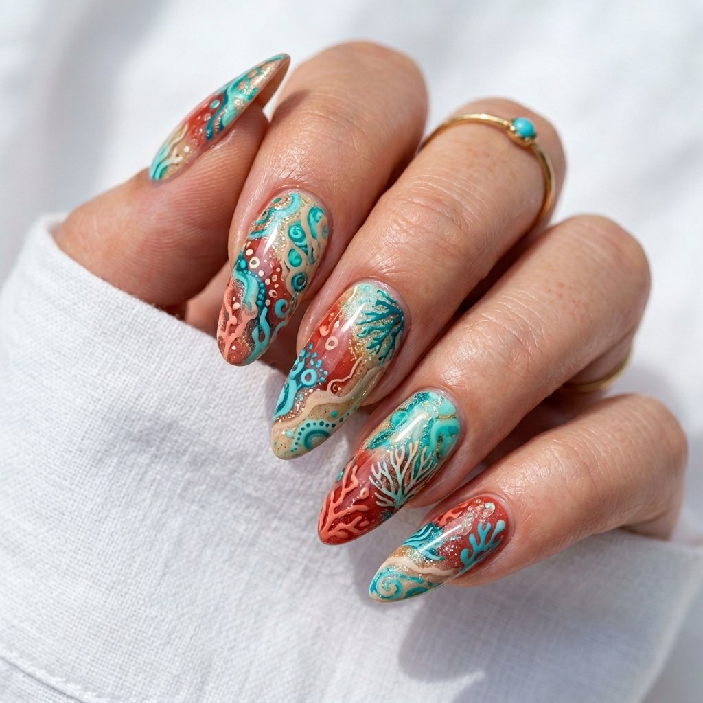 34 Stunning Trendy Summer Nails Worth Copying This Year 2026 2 Coral Reef Nail Design