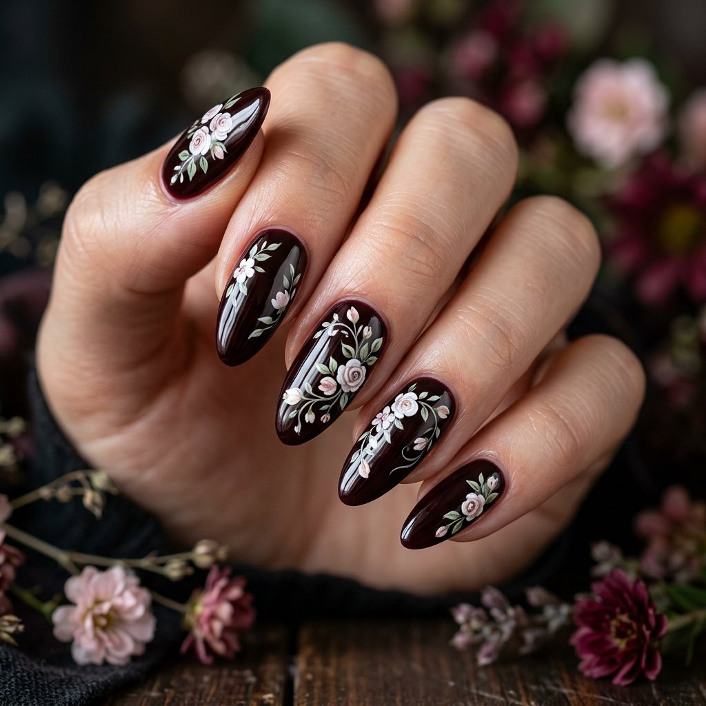 35 Black Cherry Nails Ideas That Look Incredibly Expensive 17 Black Cherry Floral Nail Ideas