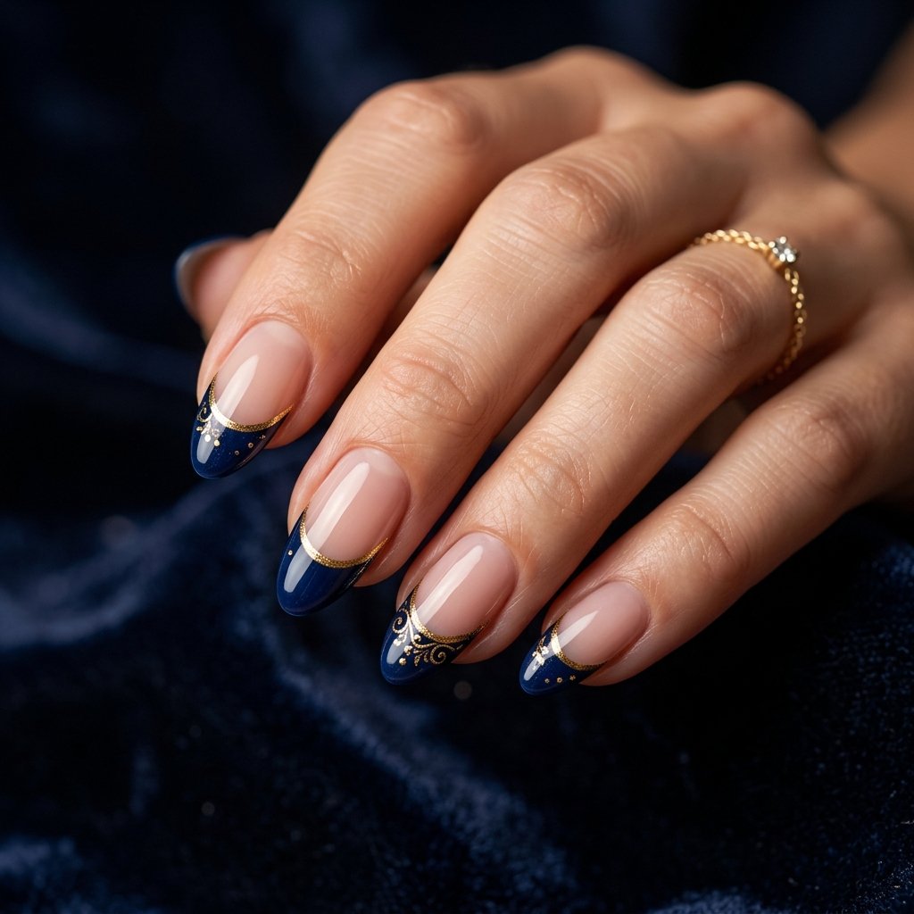 Dark Blue and Gold French Tip Nails