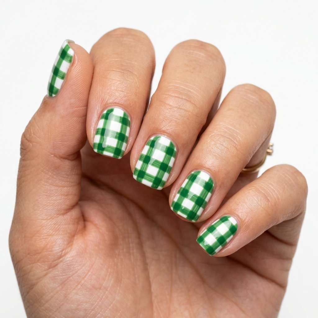 35 Best Green Summer Nails for a Bold Warm Season 2026 23 Picnic Plaid Green Nails
