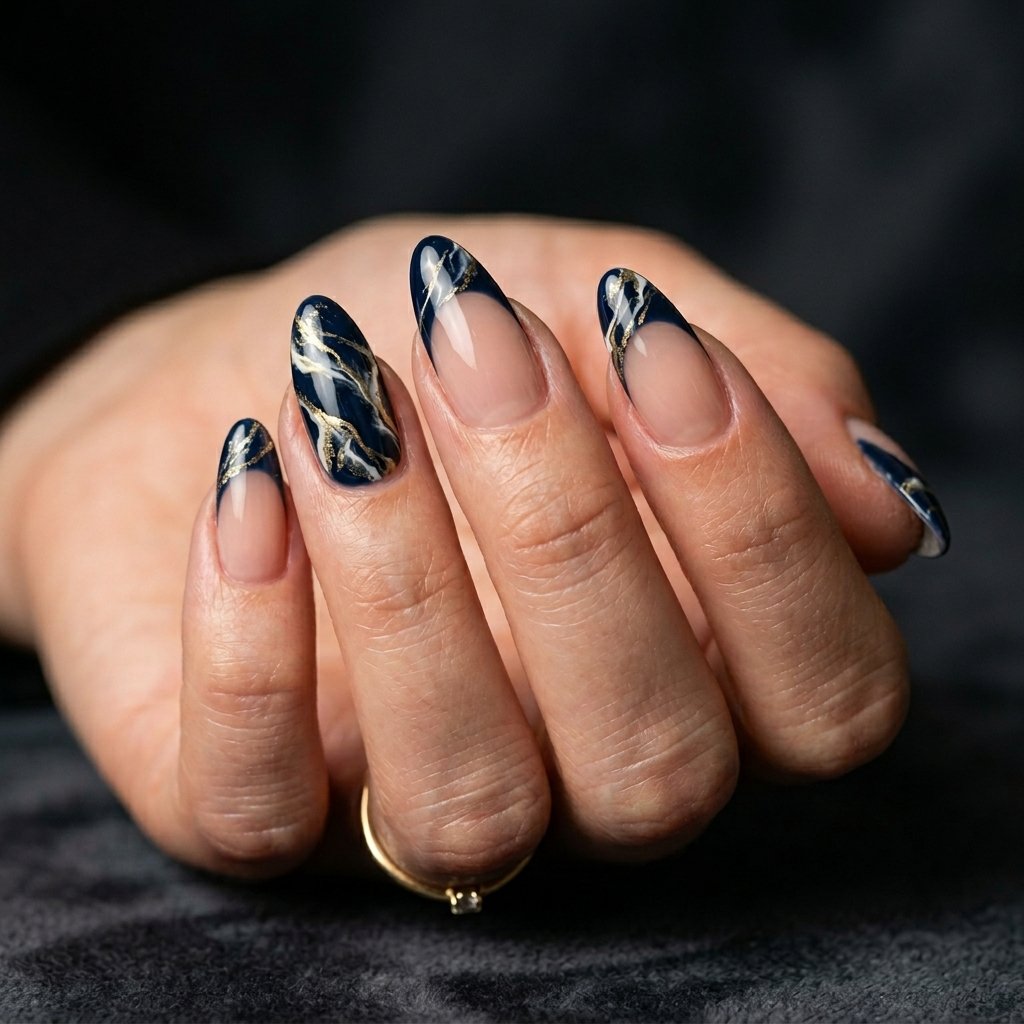 Dark Blue Marble French Tip Nails