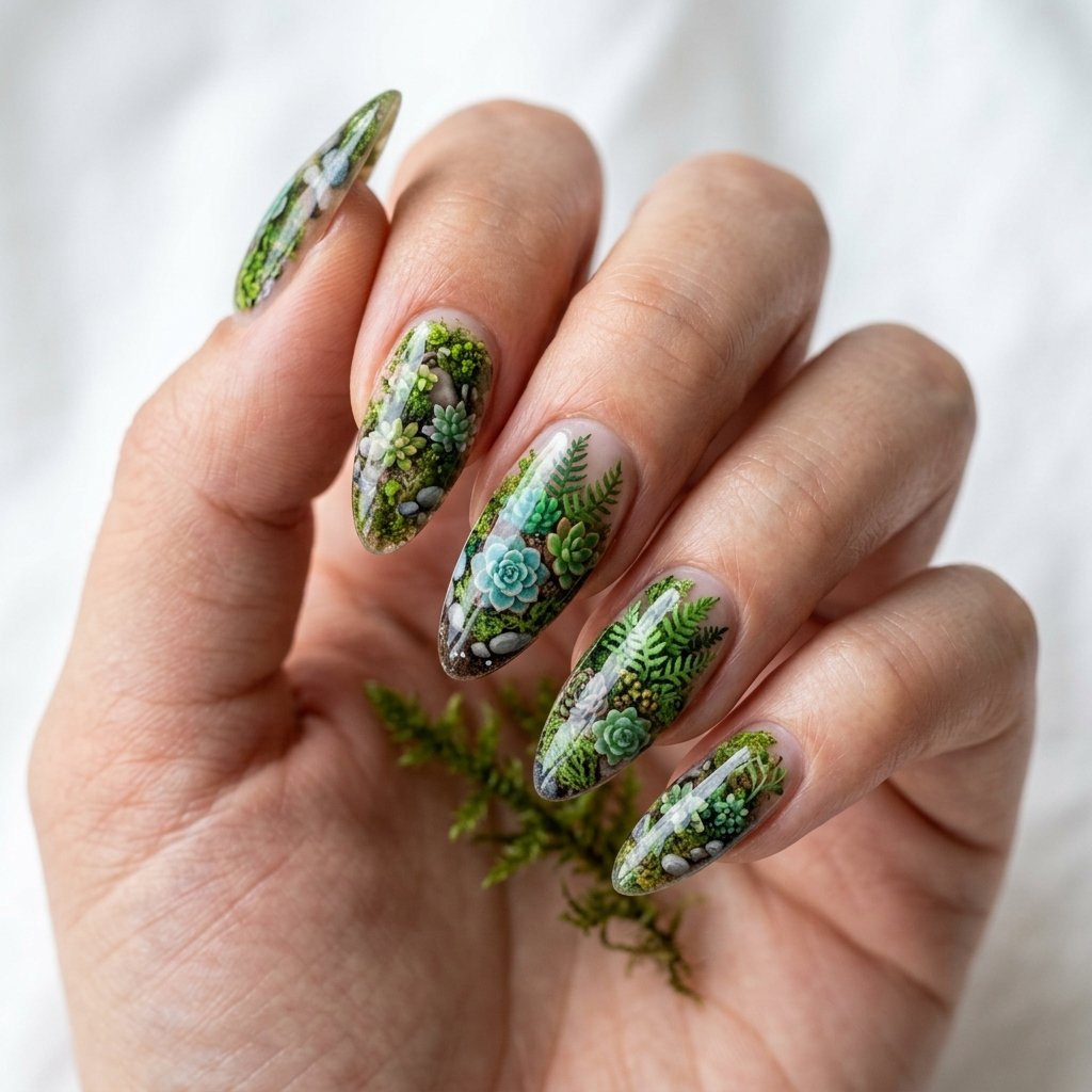 35 Best Green Summer Nails for a Bold Warm Season 2026 24 Terrarium Nail Art Design