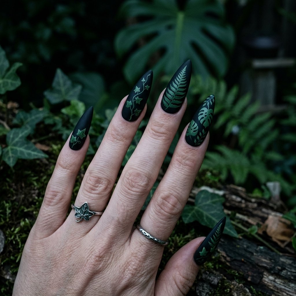 35 Black and Green Nails Ideas: Edgy & Elegant Designs 2026 25 Abstract Botanical Silhouettes on Black Canvas Idea