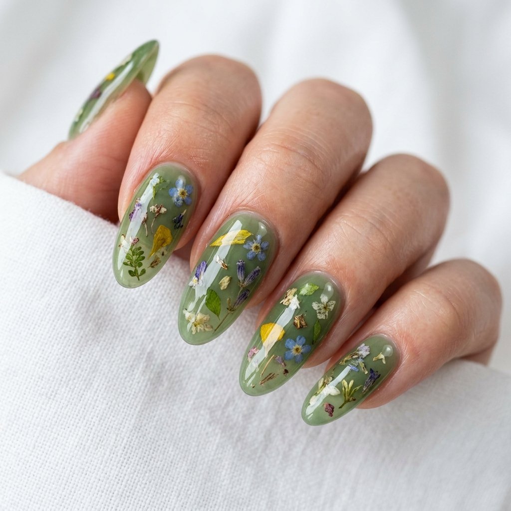 35 Best Green Summer Nails for a Bold Warm Season 2026 26 Pressed Flower Green Nails