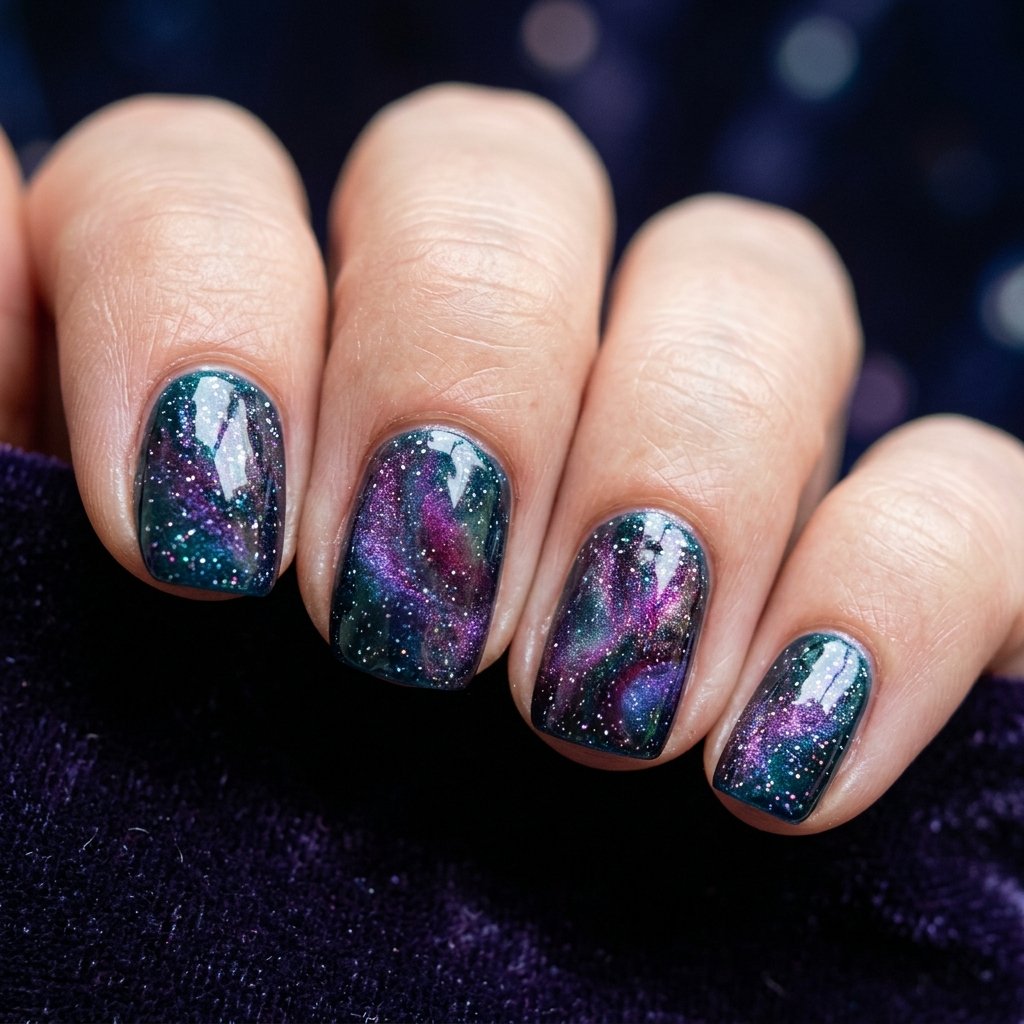 34 Best Dark Teal Nails Ideas: Elegant Colors to Try Now 15 Cosmic Nebula Purple Shift