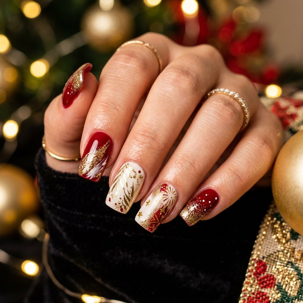 35 Red and White Christmas Nails Ideas to Inspire Your Holiday Look 36 Red and White New Year Transition Nails