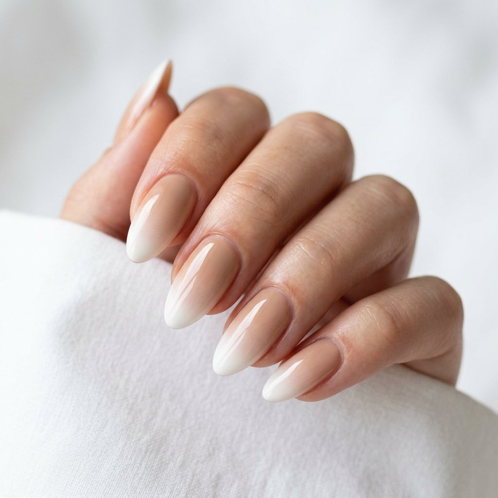 35 Trendy Brown and White Nails Ideas for a Flawless Manicure 2026 4 Nude Brown Ombre with White Gradient