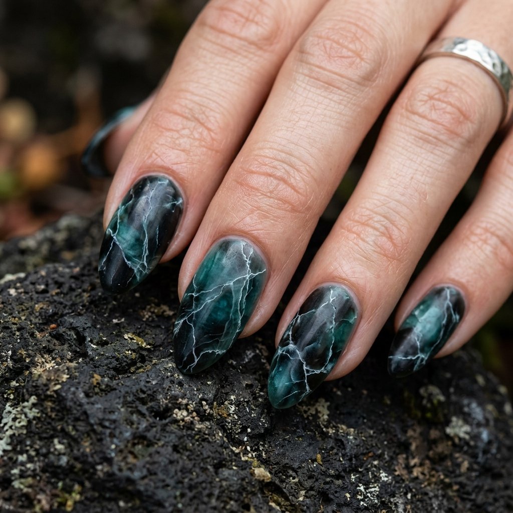 34 Best Dark Teal Nails Ideas: Elegant Colors to Try Now 10 Deep Obsidian Marble Translucent