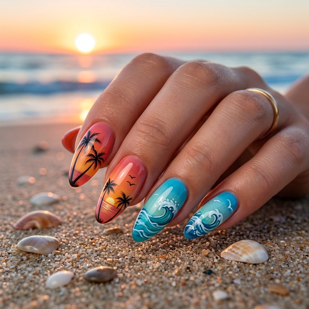 Ocean Wave and Sunset Combination Nails