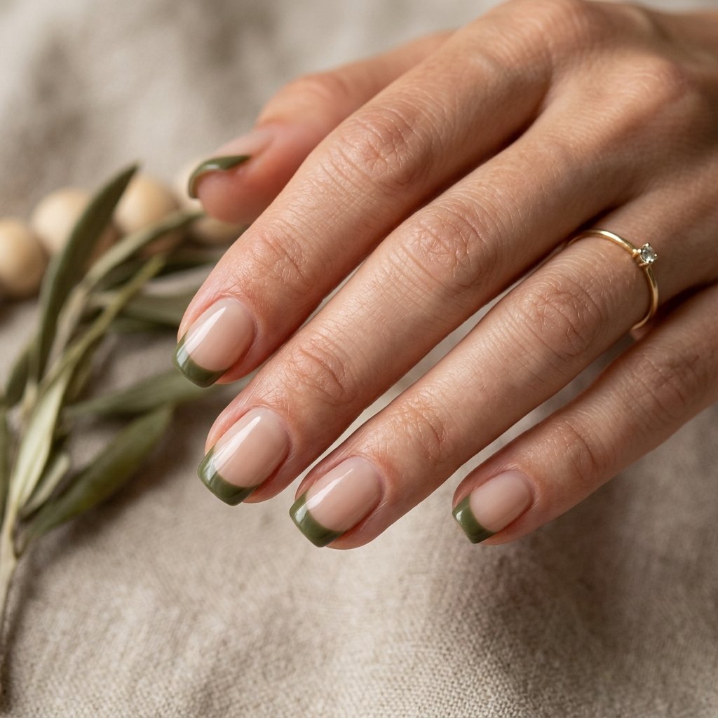 35 Fall French Tip Nails Ideas That Are Trending This Autumn Season 2026 7 Olive Green French Tip Nails