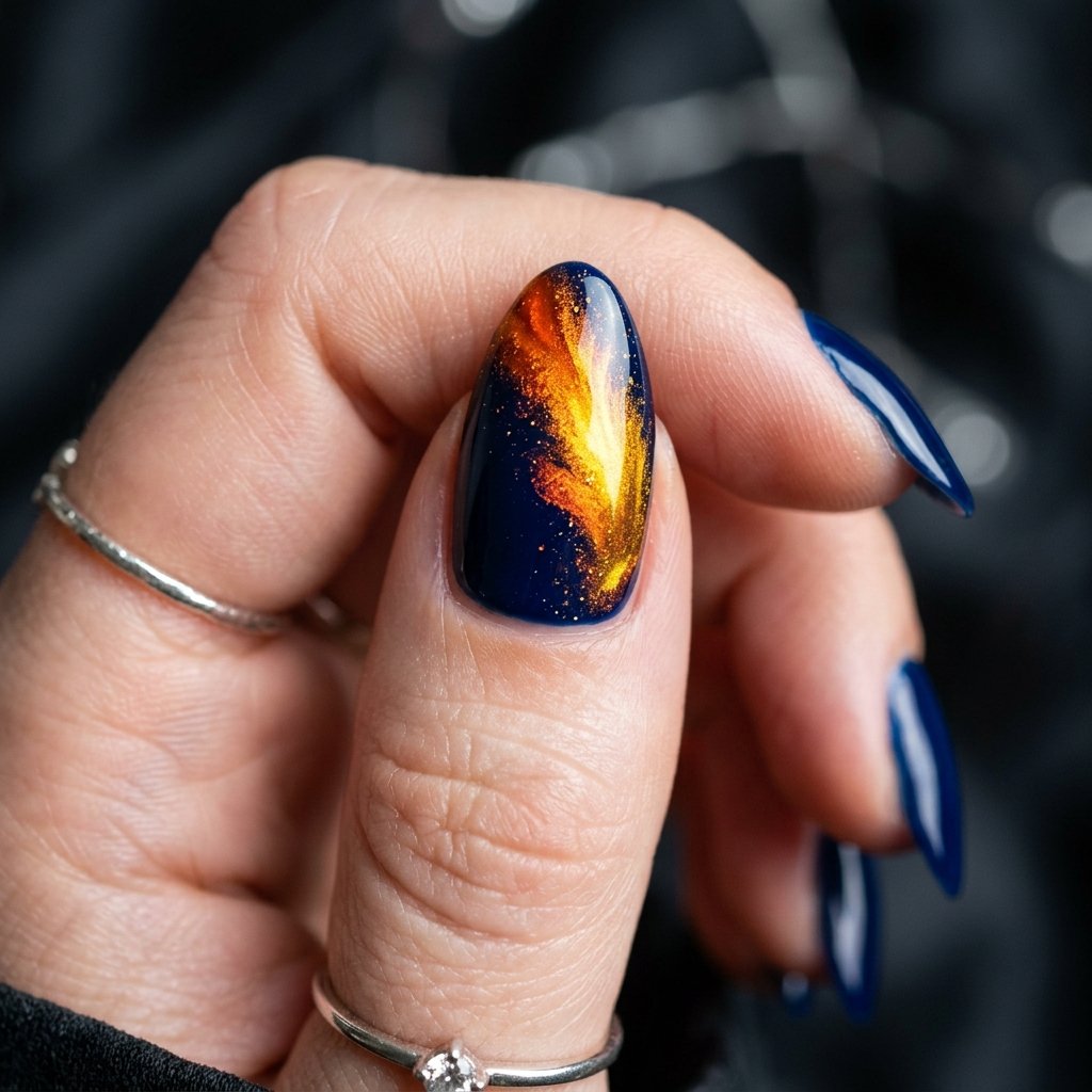 32 Galaxy Nails Ideas: Master the Aesthetic of the Cosmos 30 Sunburst Orange Flare Idea