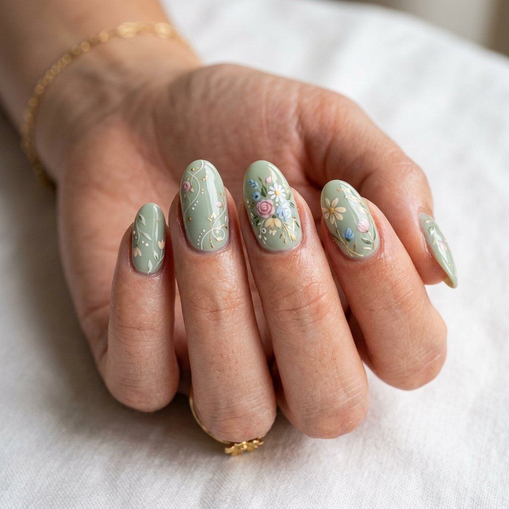 35 Best Green Summer Nails for a Bold Warm Season 2026 18 Garden Party Nail Look