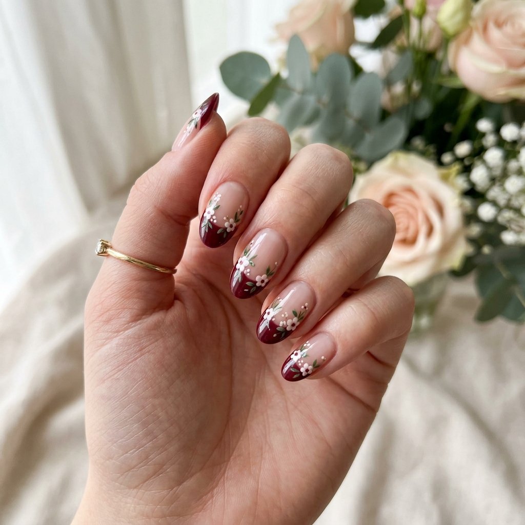 Maroon French Tip Nails with Floral Design