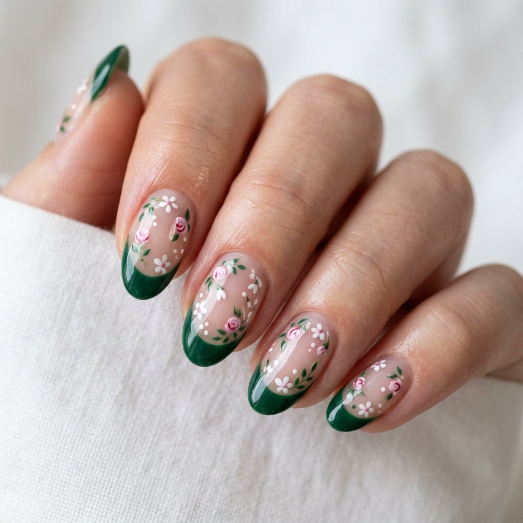 Floral Nail Art Over Green Tips