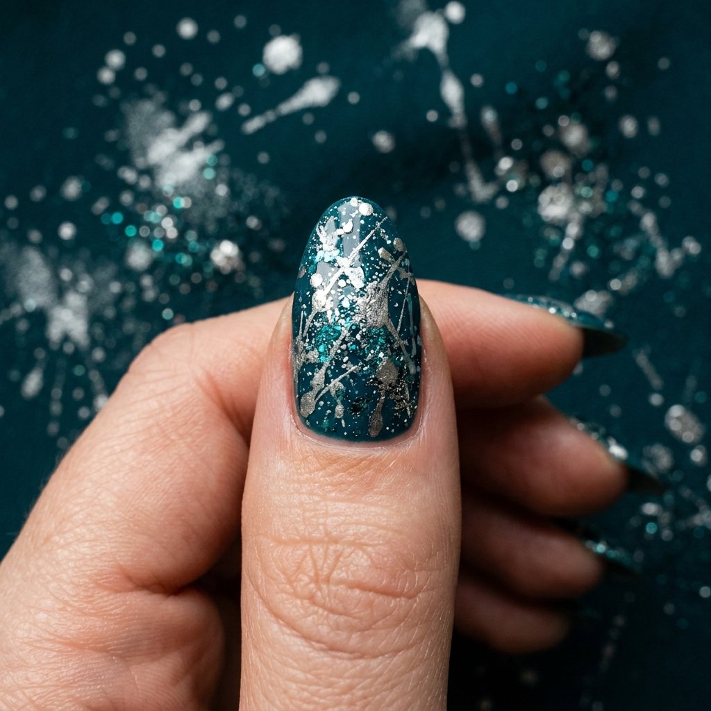 34 Best Dark Teal Nails Ideas: Elegant Colors to Try Now 31 Abstract Paint Splatter Metallic Dust