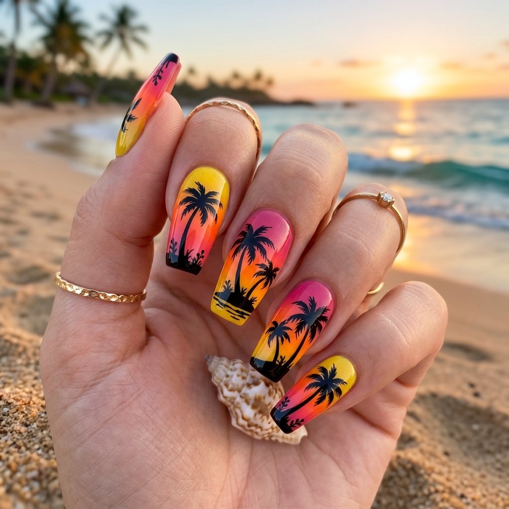 Silhouette Palm Tree Sunset Nails