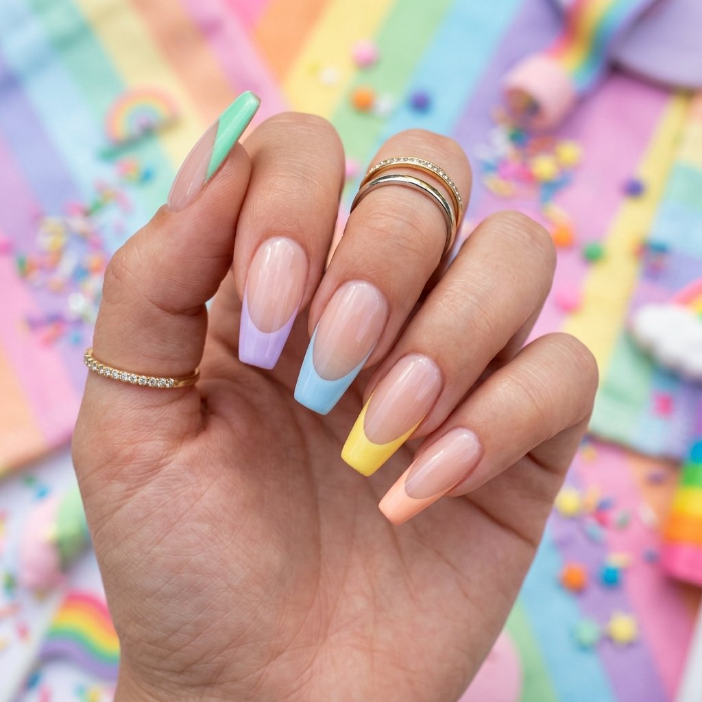 35 Trendy French Tip Coffin Nails Ideas That Elevate Your Style 31 Multi Colored Pastel French Tip Coffin Nails