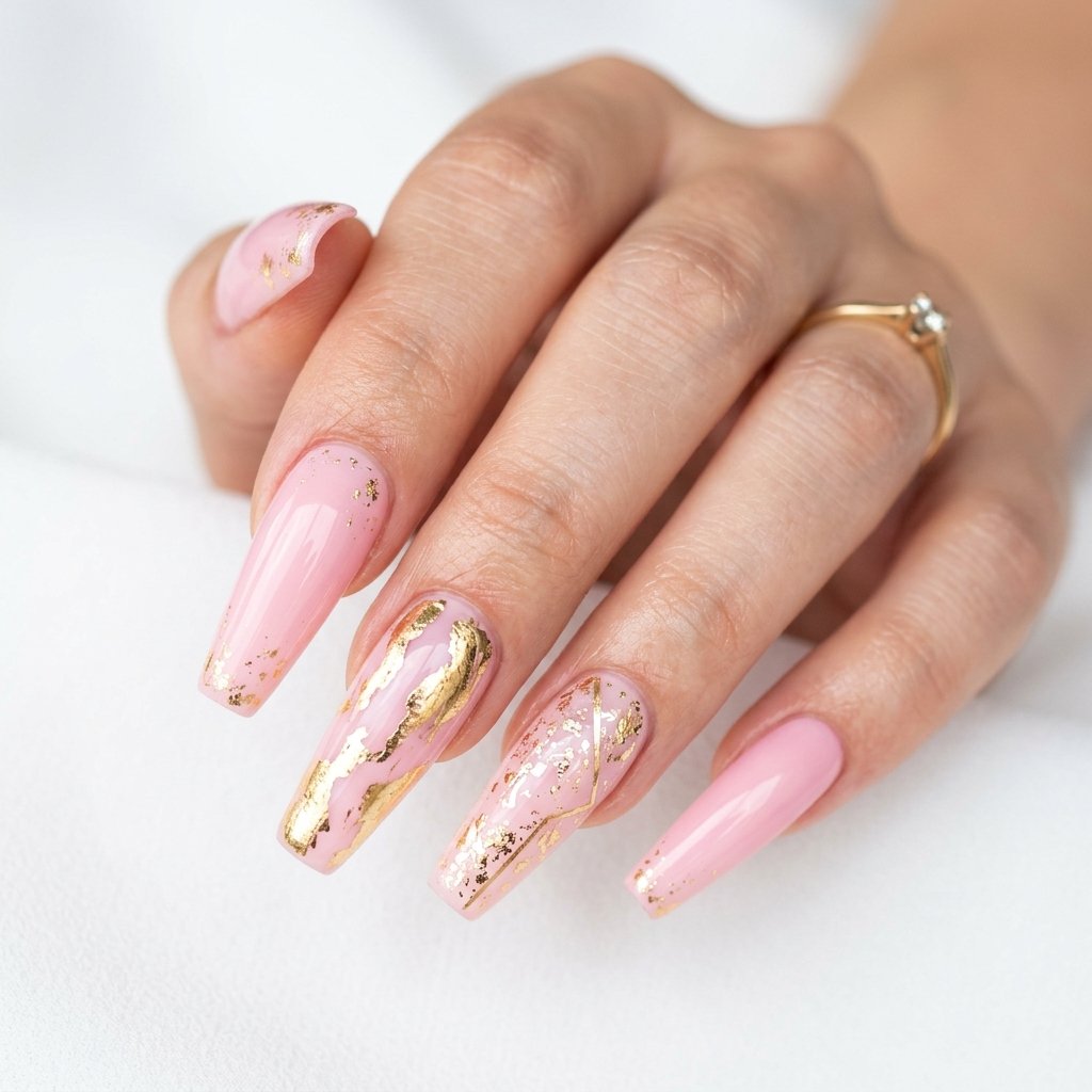 Pastel Pink and Gold Coffin Nail Designs