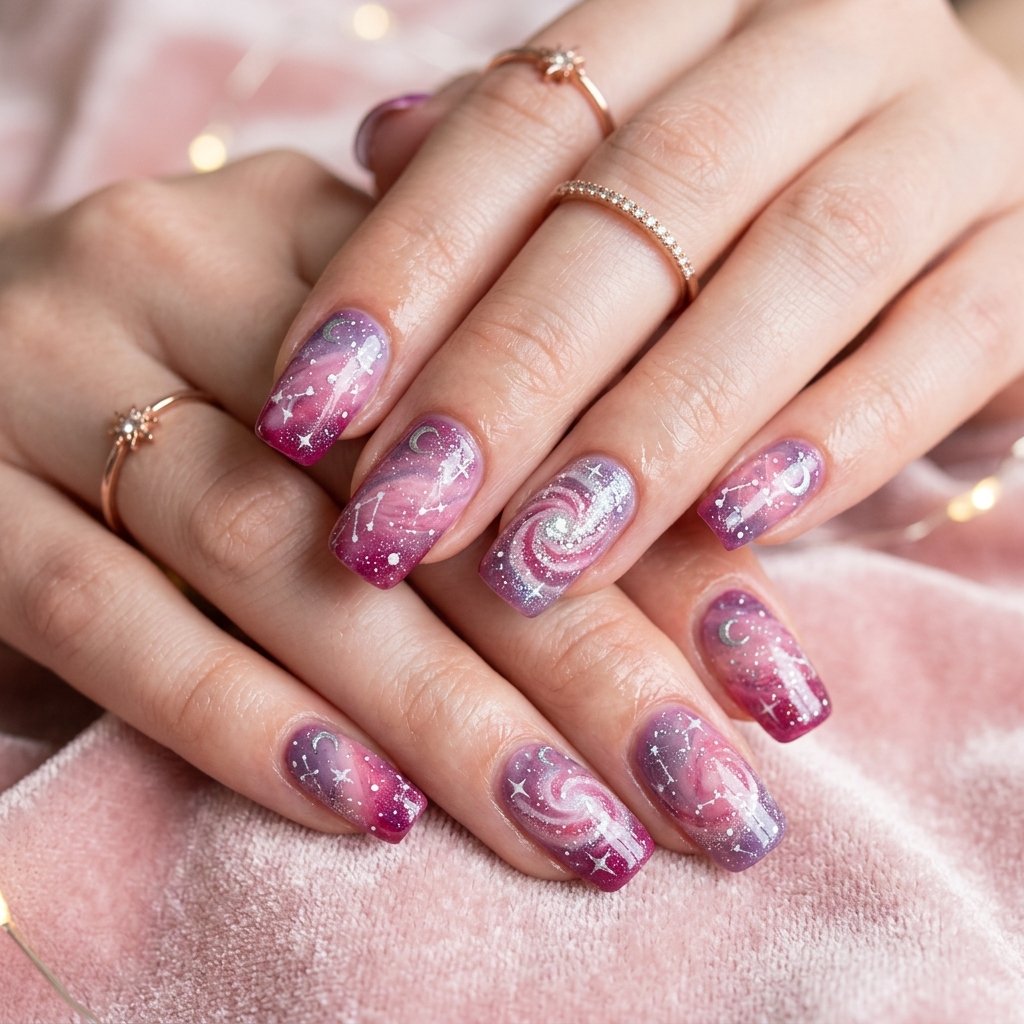 32 Galaxy Nails Ideas: Master the Aesthetic of the Cosmos 17 Pink Andromeda Galaxy Idea
