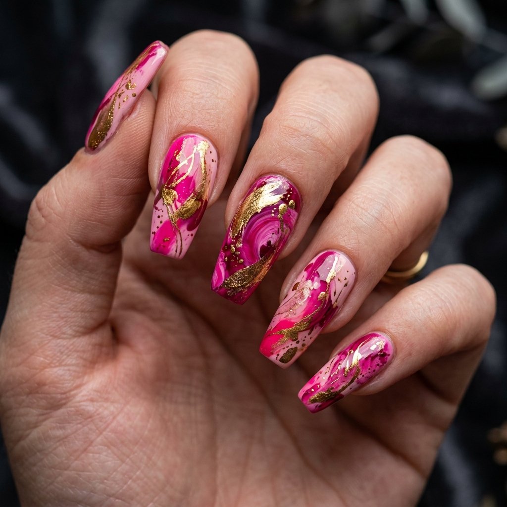 Bold Pink and Gold Abstract Nail Designs
