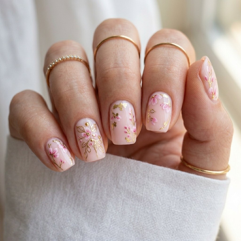 Soft Pink Floral Nail Designs with Gold Accents
