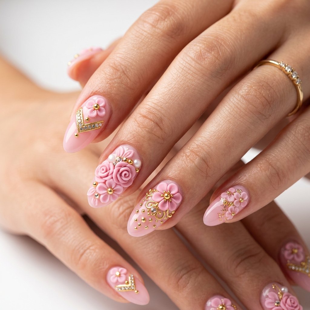 Pink and Gold 3D Nail Designs