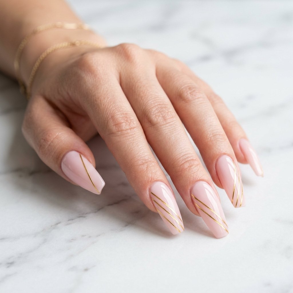 Light Pink and Gold Line Nail Designs