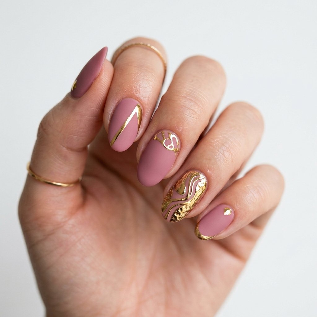 Pink and Gold Matte Nail Designs