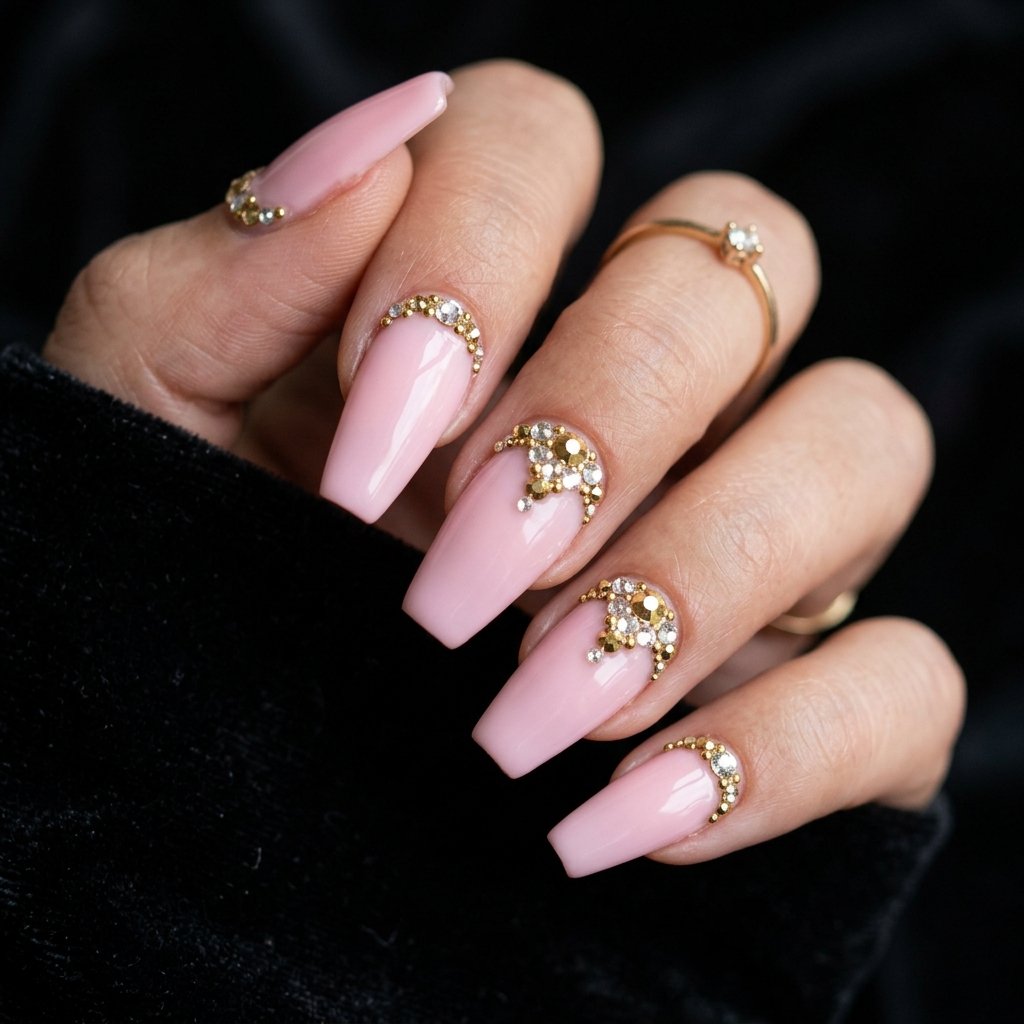 Pink and Gold Rhinestone Nail Designs