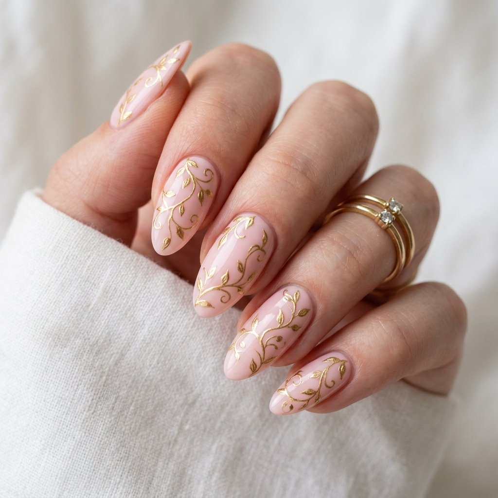 Pink and Gold Vine and Leaf Nail Designs