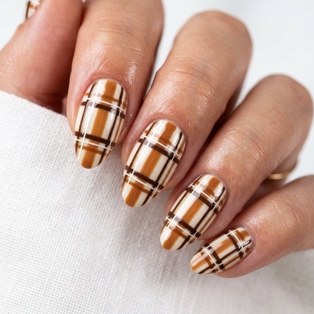 35 Trendy Brown and White Nails Ideas for a Flawless Manicure 2026 30 Brown and White Plaid Nail Art for Fall