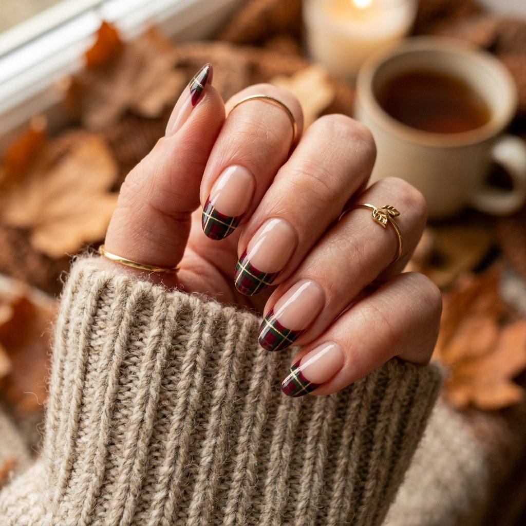 35 Fall French Tip Nails Ideas That Are Trending This Autumn Season 2026 31 Plaid Pattern French Tip Nails for Fall