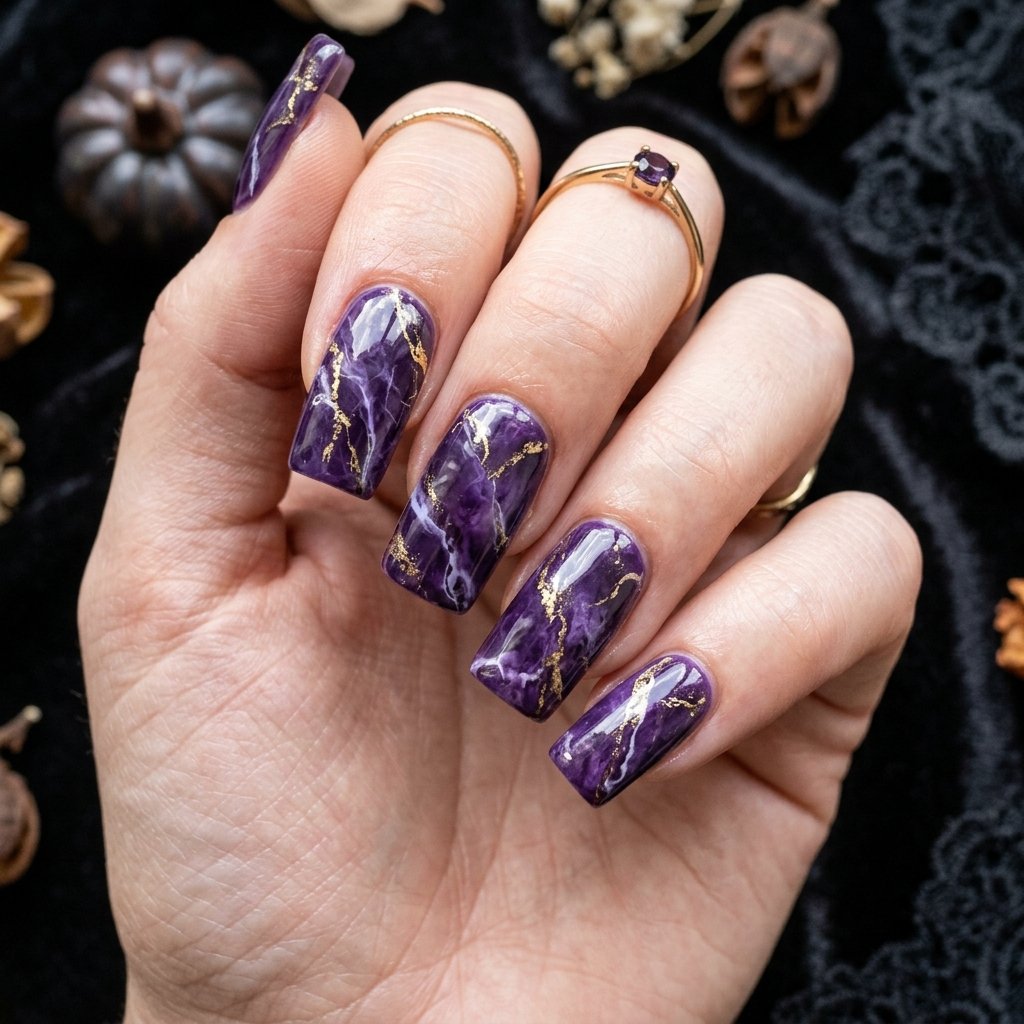 35 Purple Halloween Nails Ideas That Steal the Spotlight 2026 21 Purple Marble Halloween Nails Ideas