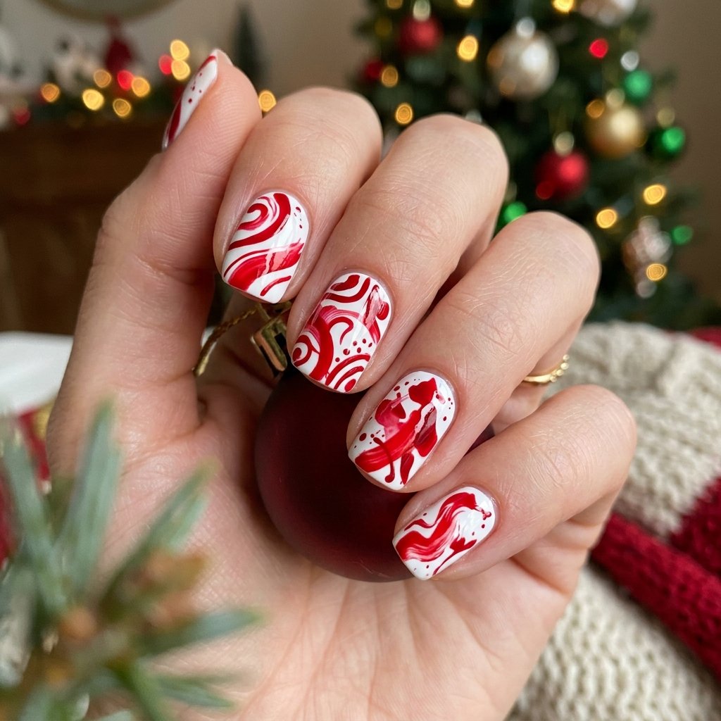 35 Red and White Christmas Nails Ideas to Inspire Your Holiday Look 23 Red and White Abstract Christmas Nails