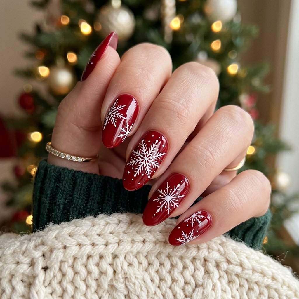 35 Red and White Christmas Nails Ideas to Inspire Your Holiday Look 3 Red and White Snowflake Nail Design