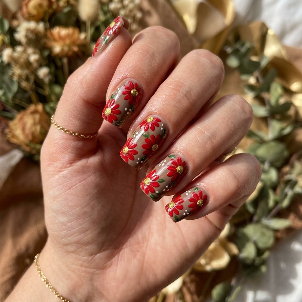 Red Daisy Nail Art for Warm Weather
