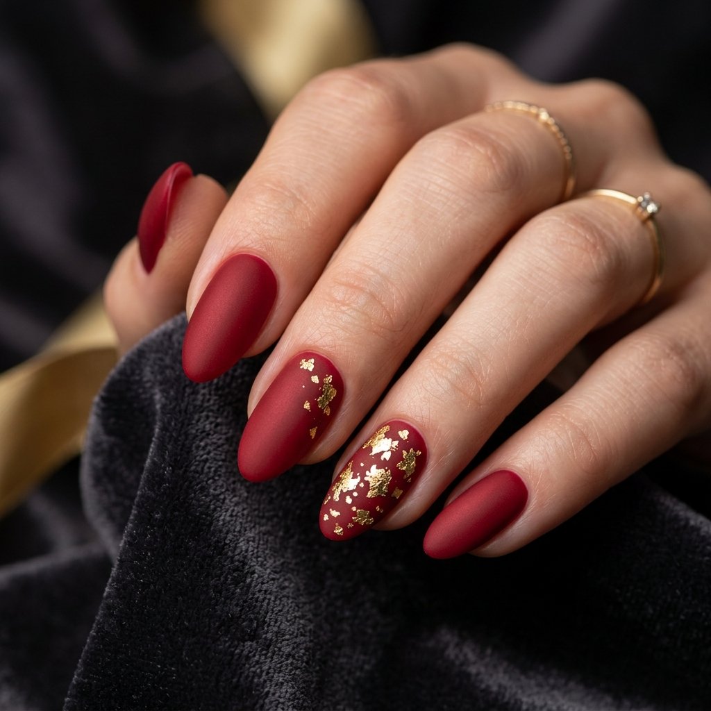 Matte Red Nails with Gold Foil