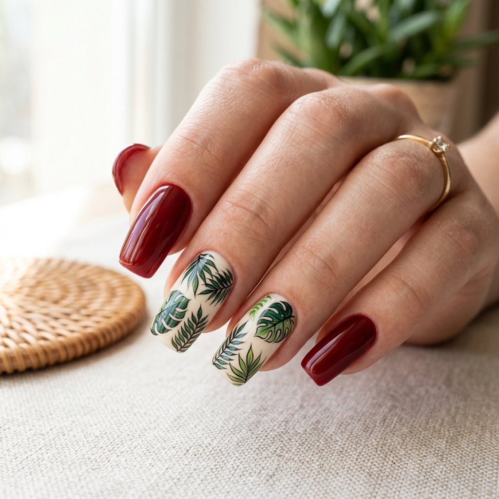 Red Tropical Leaf Nail Art