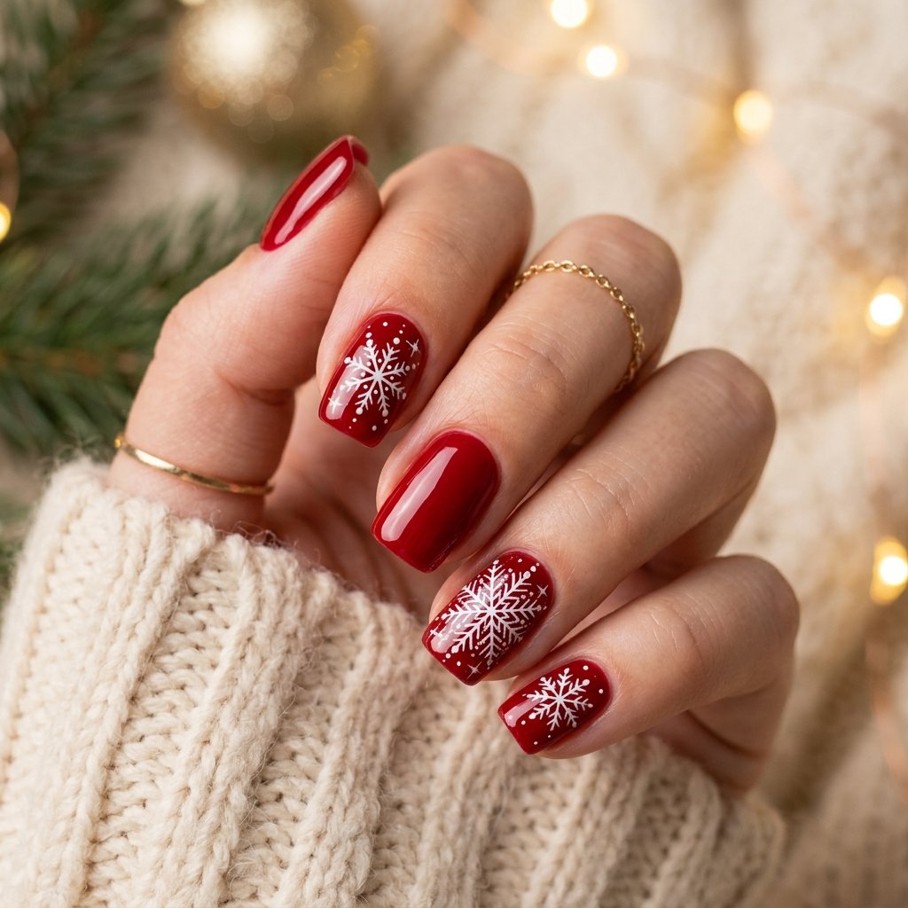 35 Red and White Christmas Nails Ideas to Inspire Your Holiday Look 18 Classic Red Nails with White Snowflakes