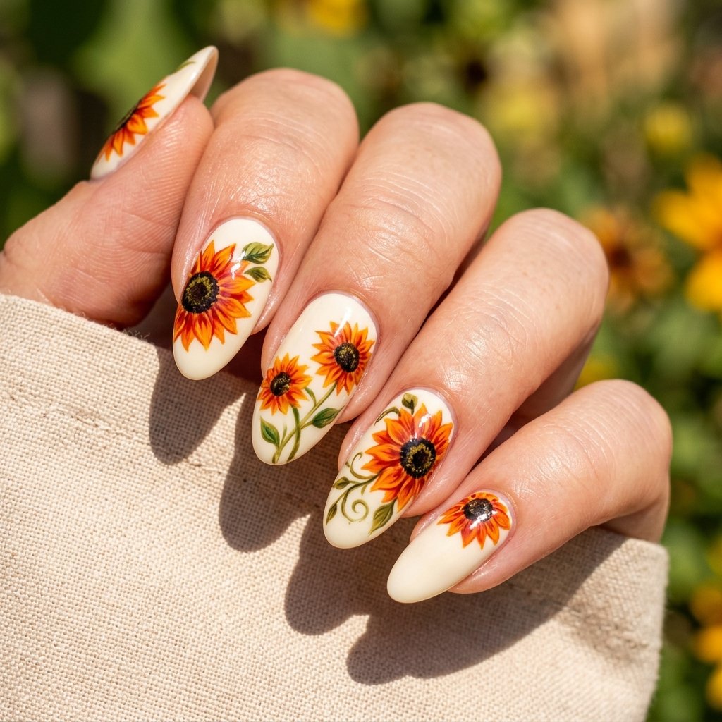 Red Sunflower Nail Art Designs