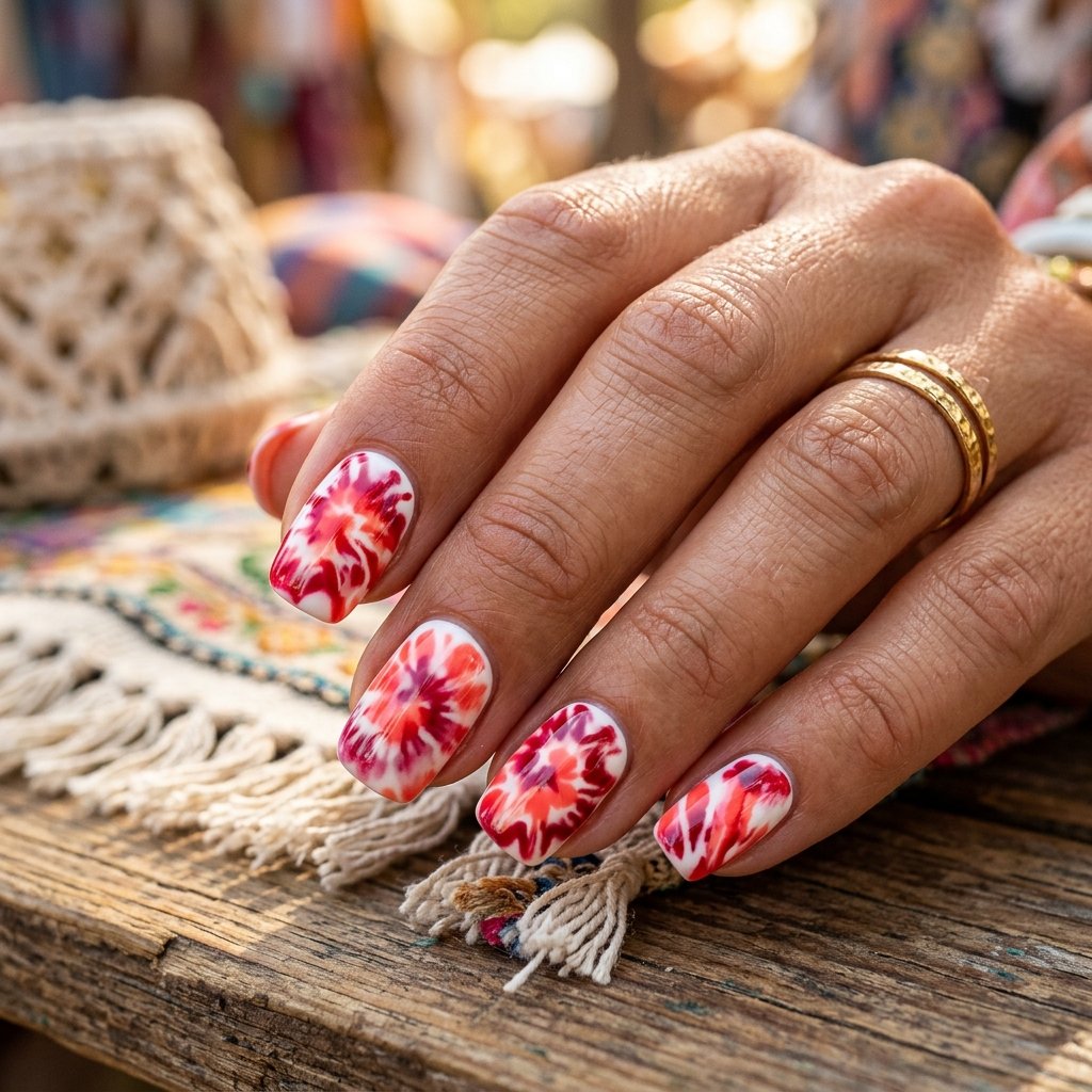 Red Tie-Dye Nail Art Designs