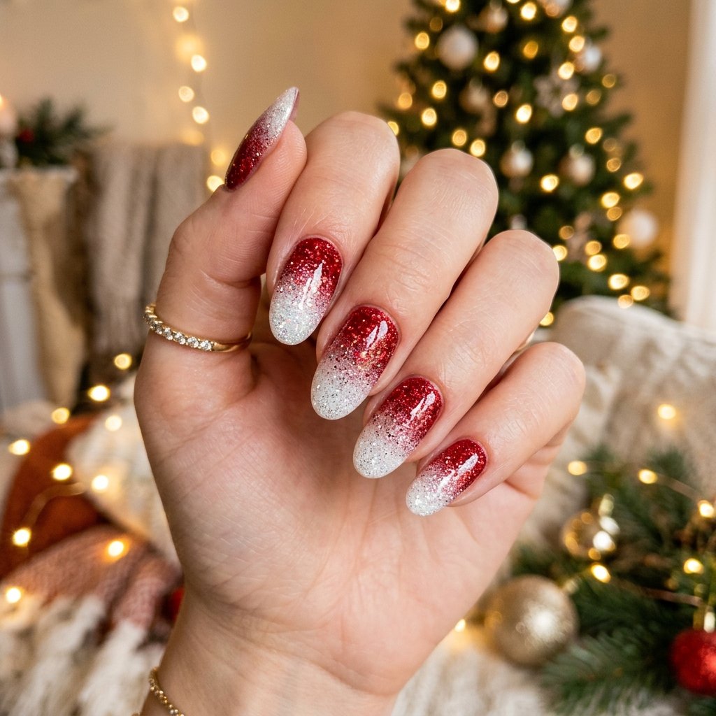 35 Red and White Christmas Nails Ideas to Inspire Your Holiday Look 17 Red and White Glitter Ombre Nails